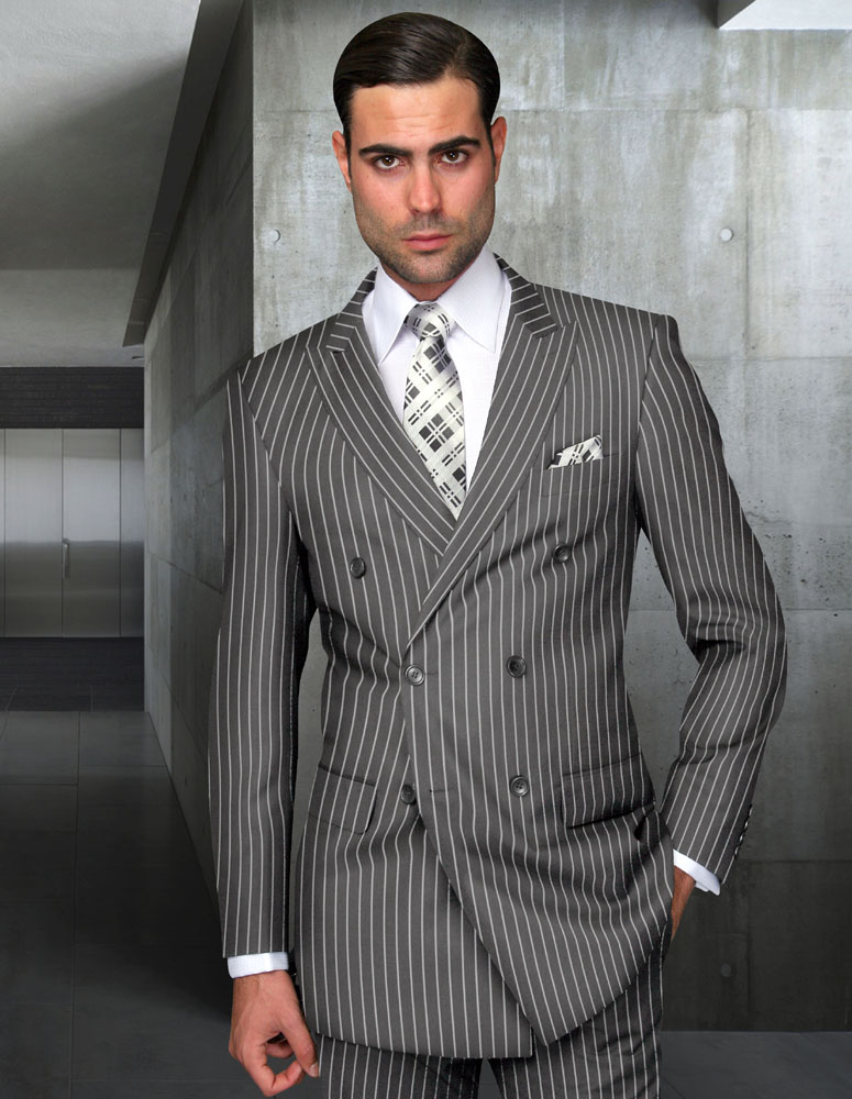 2PC GRAY BOLD PINSTRIPE DOUBLE BREASTED SUIT 