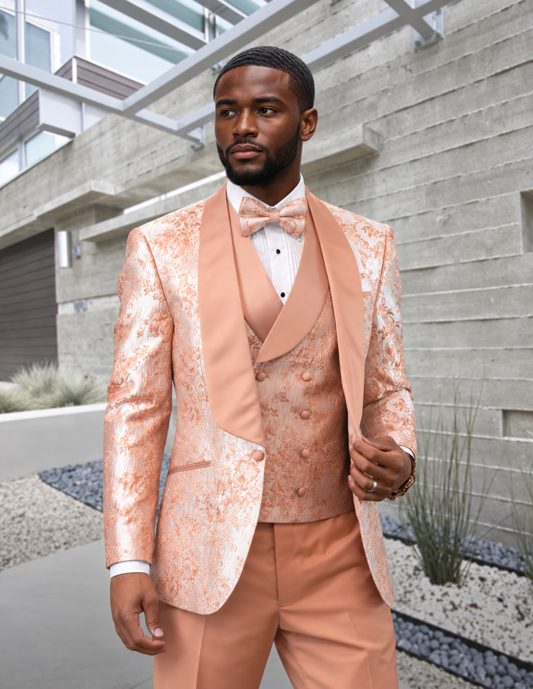 STATEMENT DELANO-BLUSH 3PC TAILORED FIT 1 BUTTON MENS SHAWL LAPEL TUXEDO SUPER 150'S EXTRA FINE ITALIAN FABRIC  INCLUDING BOW TIE 