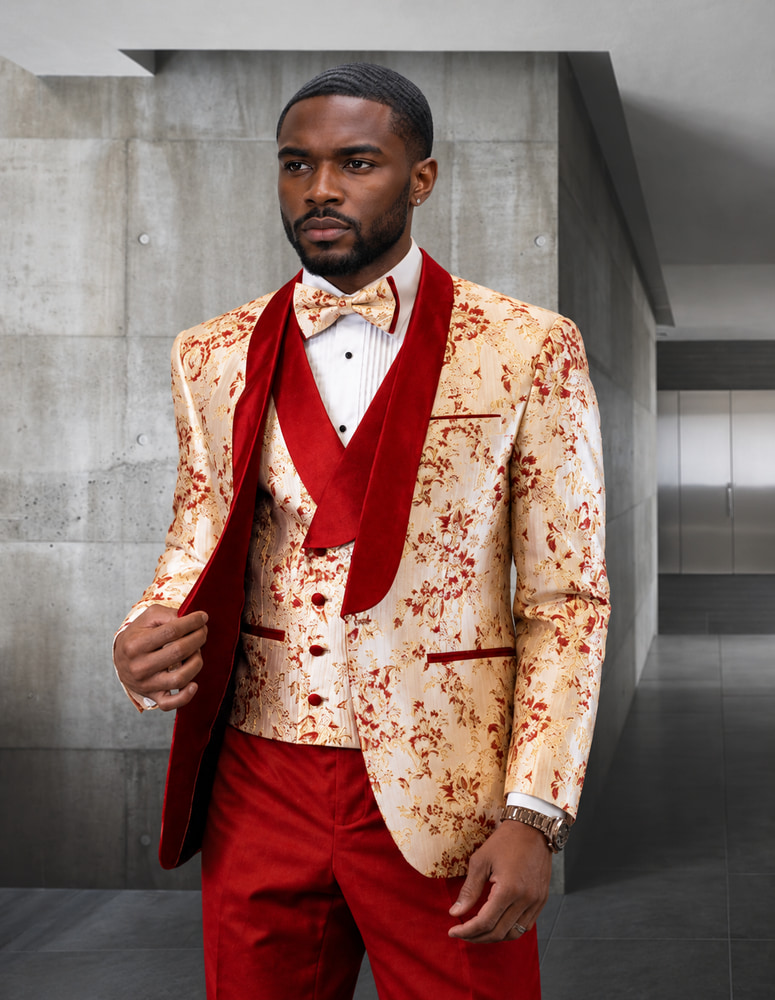 STATEMENT DELANO-CORAL 3PC TAILORED FIT 1 BUTTON MENS SHAWL LAPEL TUXEDO SUPER 150'S EXTRA FINE ITALIAN FABRIC  INCLUDING BOW TIE 