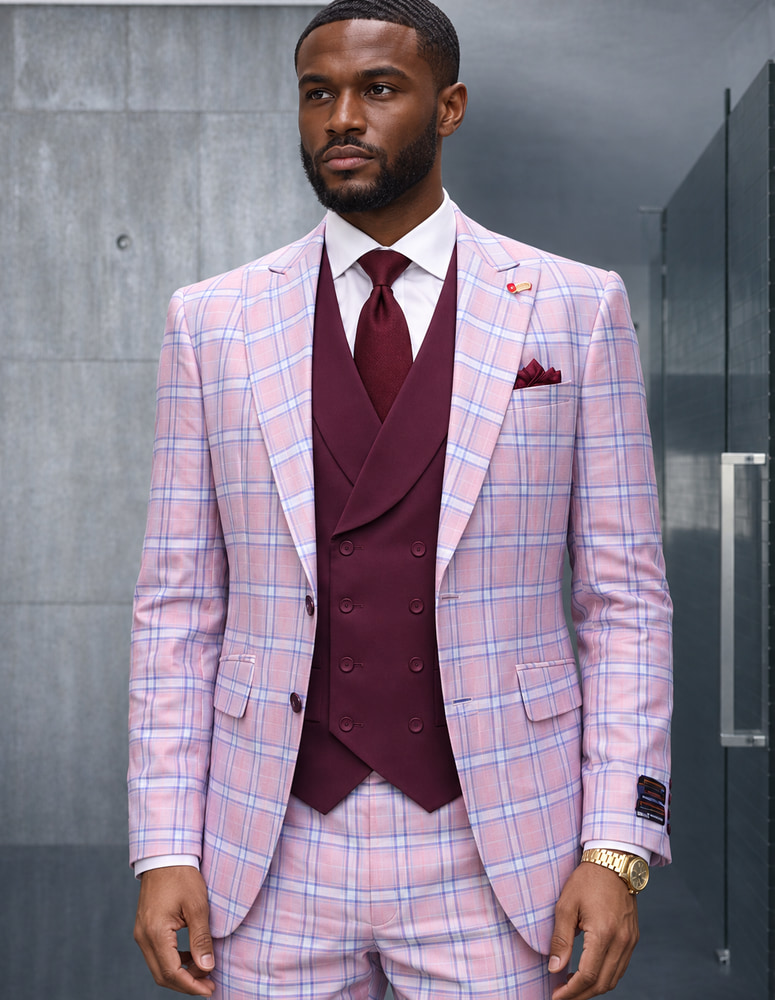 3PC PLAID SUIT WITH SOLID COLOR CONTRAST DOUBLE BREASTED VEST. SUPER 200'S ITALIAN WOOL AND CASHMERE FABRIC. MODERN FIT FLAT FRONT PANTS