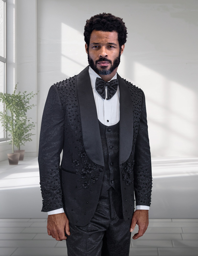 3PC ITALIAN WOOL TUXEDO WITH STONES. MODERN FIT FLAT FRONT PANTS 