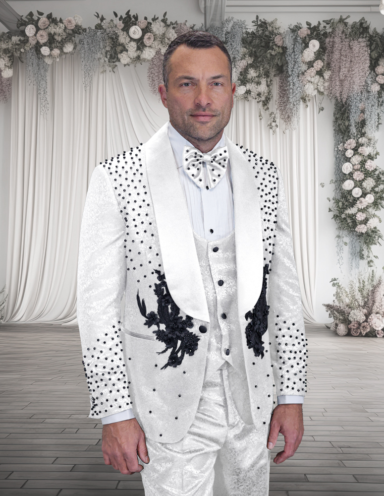 3PC ITALIAN WOOL TUXEDO WITH BLACK STONES. MODERN FIT FLAT FRONT PANTS