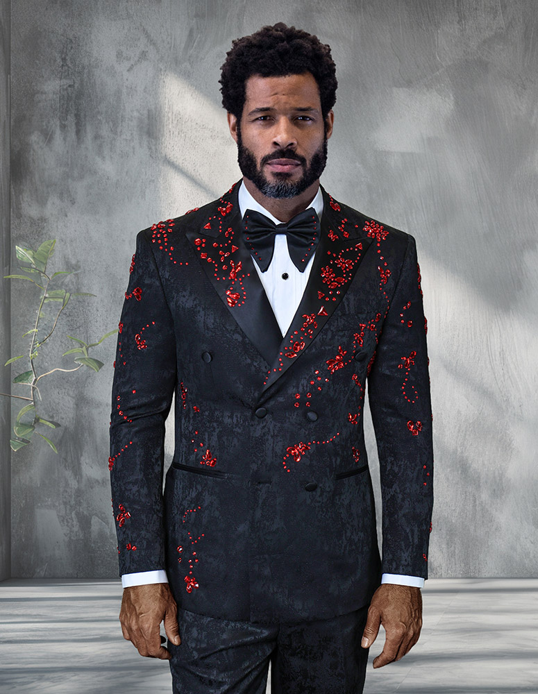 2PC ITALIAN WOOL DOUBLE BREASTED TUXEDO WITH RED STONES. MODERN FIT FLAT FRONT PANTS 