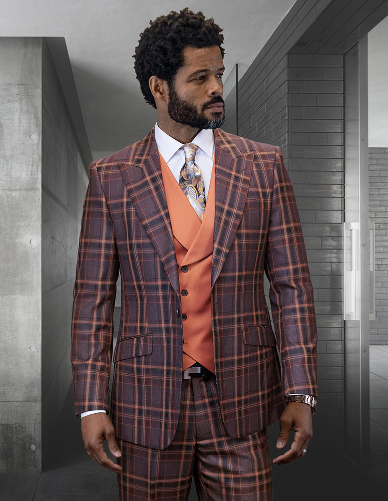 3PC PLAID SUIT WITH SOLID COLOR CONTRAST DOUBLE BREASTED VEST. SUPER 150'S ITALIAN WOOL FABRIC. MODERN FIT FLAT FRONT PANTS 