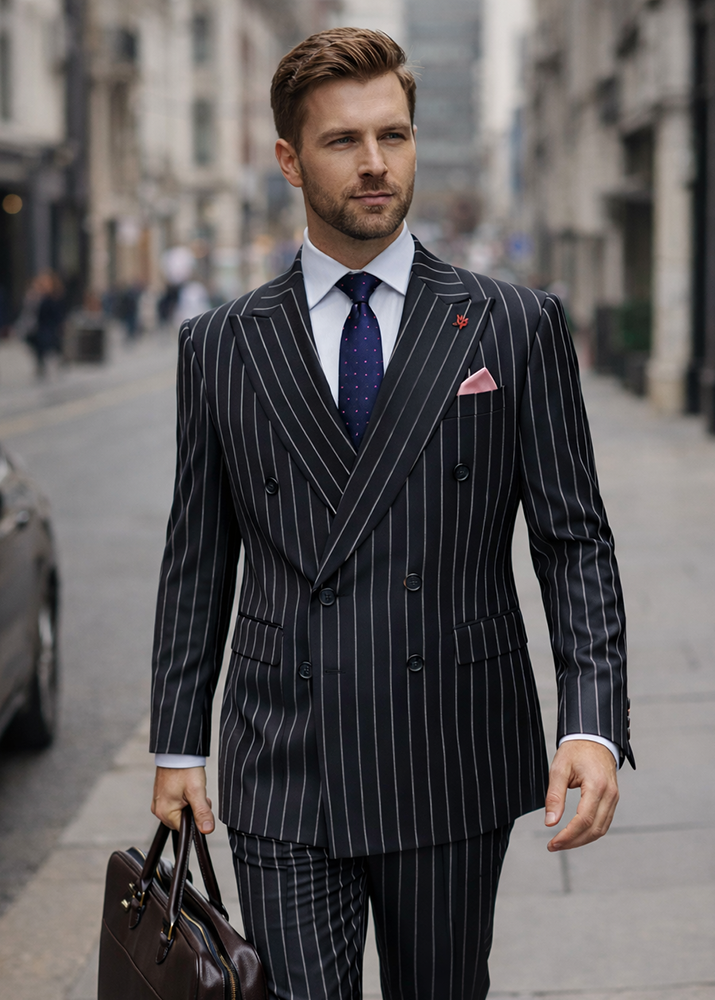  STATEMENT 2PC PINSTRIPE DOUBLE BREASTED SUIT. ITALIAN WOOL FABRIC