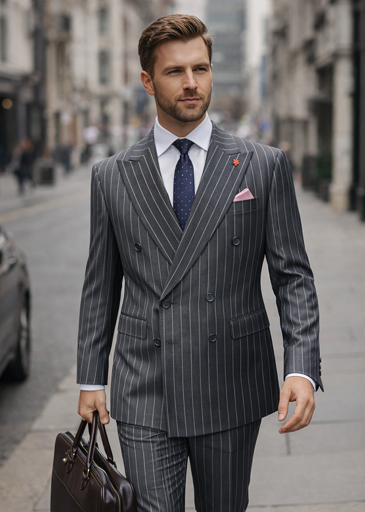  STATEMENT 2PC PINSTRIPE DOUBLE BREASTED SUIT. ITALIAN WOOL FABRIC