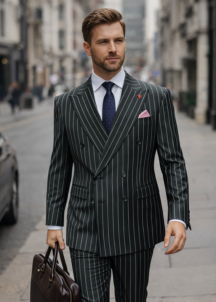  STATEMENT 2PC PINSTRIPE DOUBLE BREASTED SUIT. ITALIAN WOOL FABRIC 