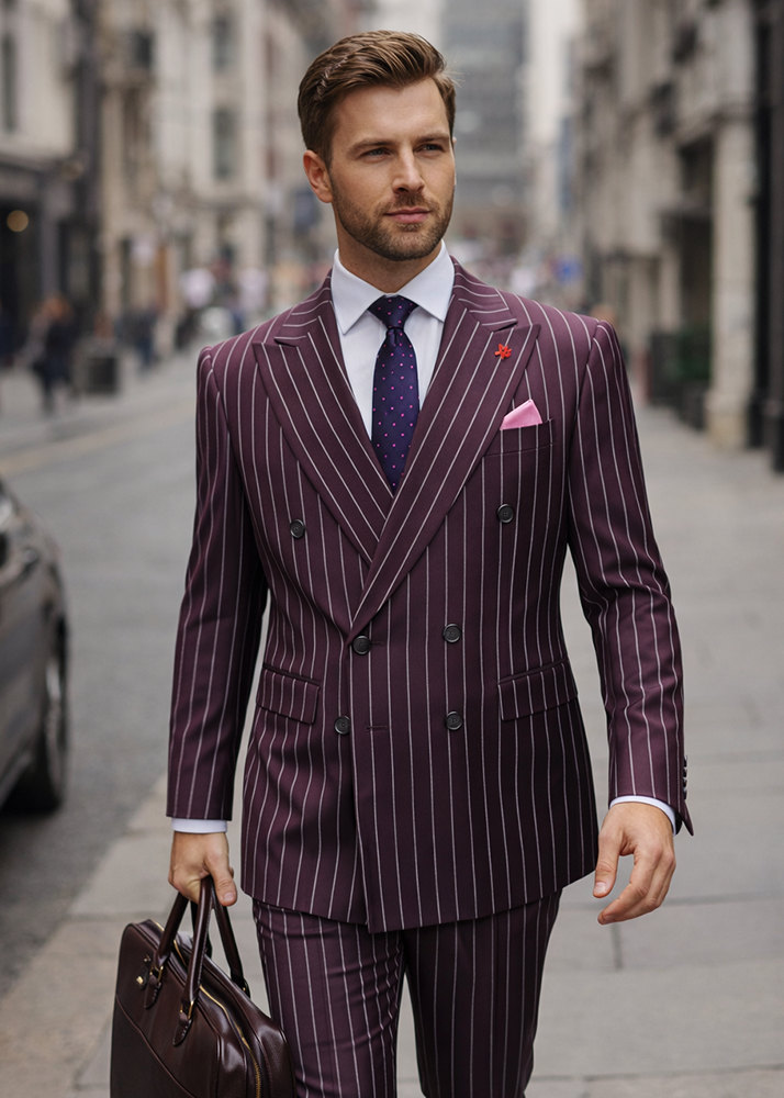  STATEMENT 2PC PINSTRIPE DOUBLE BREASTED SUIT. ITALIAN WOOL FABRIC