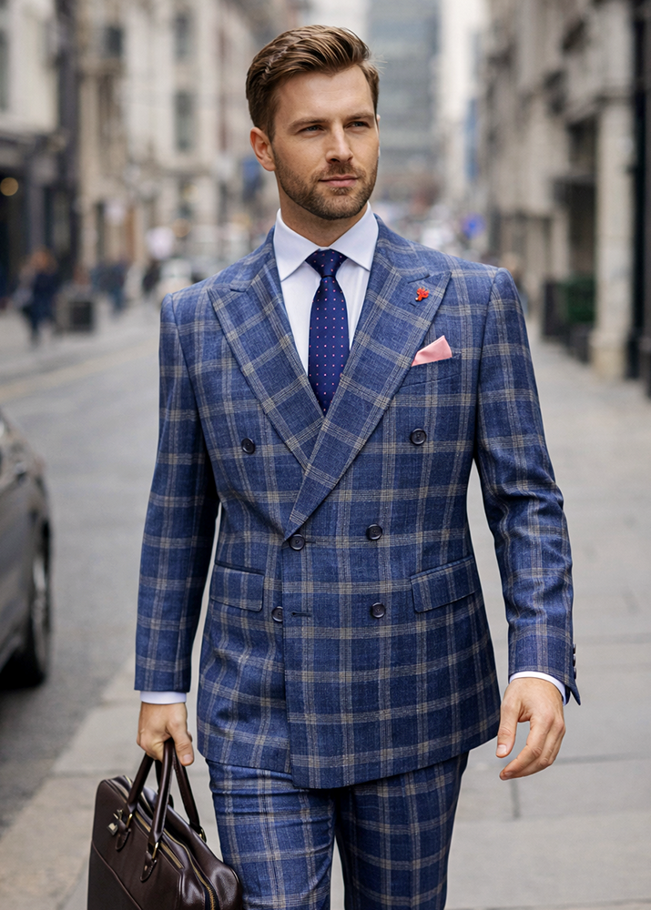 STATEMENT 2PC PLAID DOUBLE BREASTED SUIT. ITALIAN WOOL FABRIC