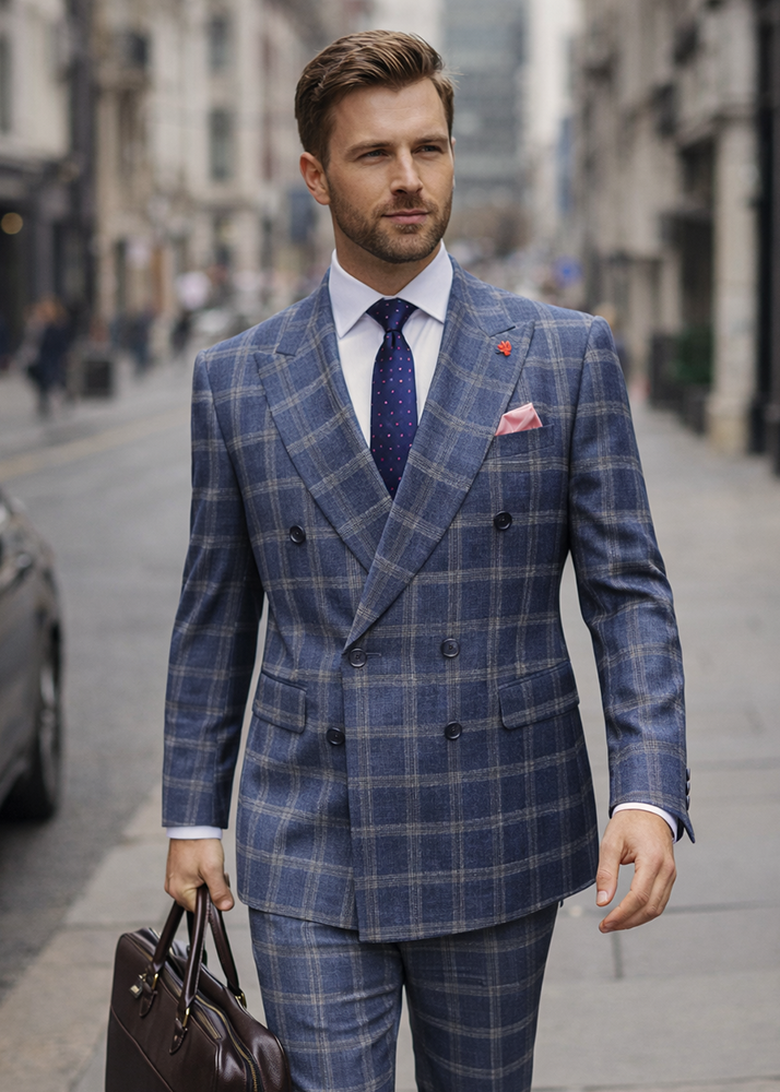 STATEMENT 2PC PLAID DOUBLE BREASTED SUIT. ITALIAN WOOL FABRIC 