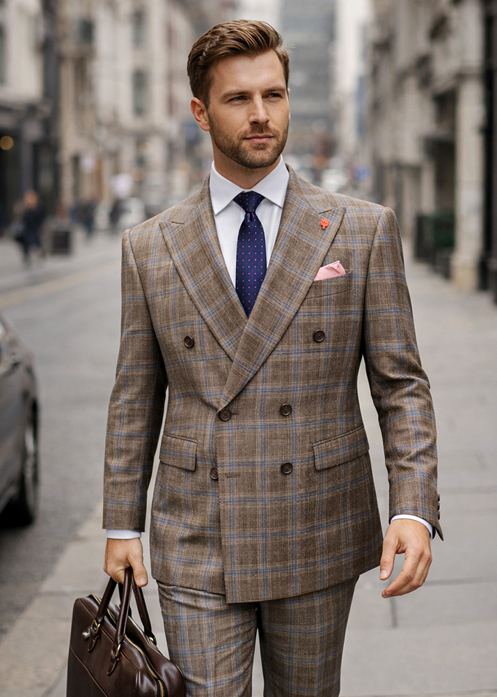 STATEMENT 2PC PLAID DOUBLE BREASTED SUIT. ITALIAN WOOL FABRIC