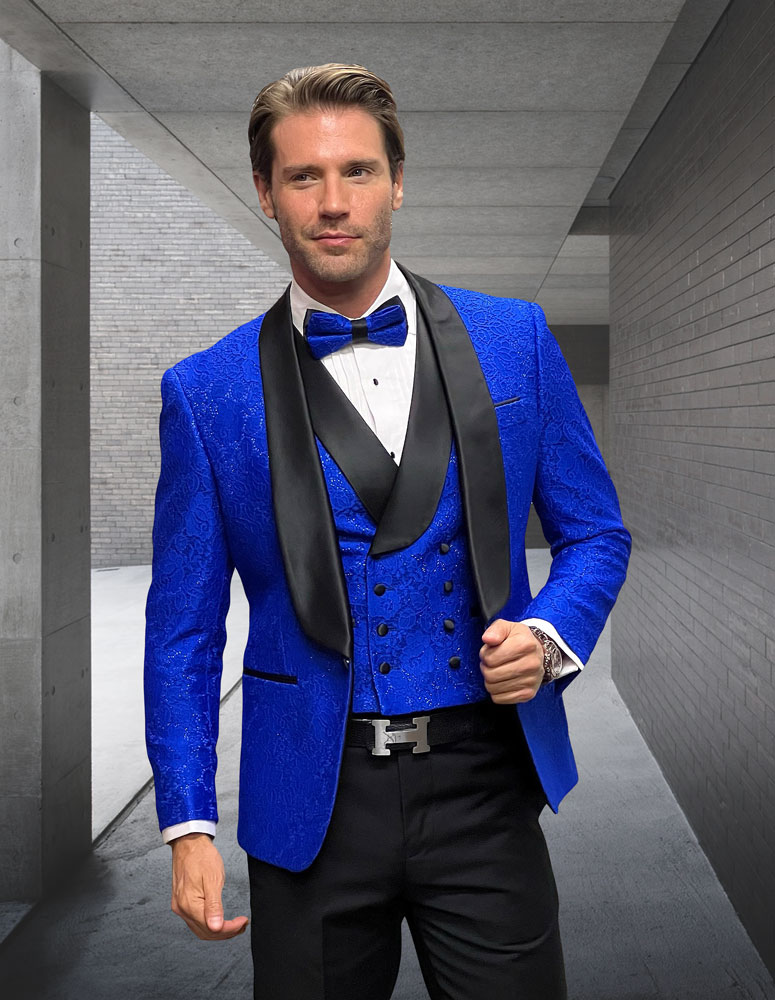 STATEMENT SAPPHIRE 3PC TAILORED FIT 1 BUTTON MENSTUXEDO SHAWL LAPEL SUPER 150'S EXTRA FINE ITALIAN FABRIC  INCLUDING BOW TIE