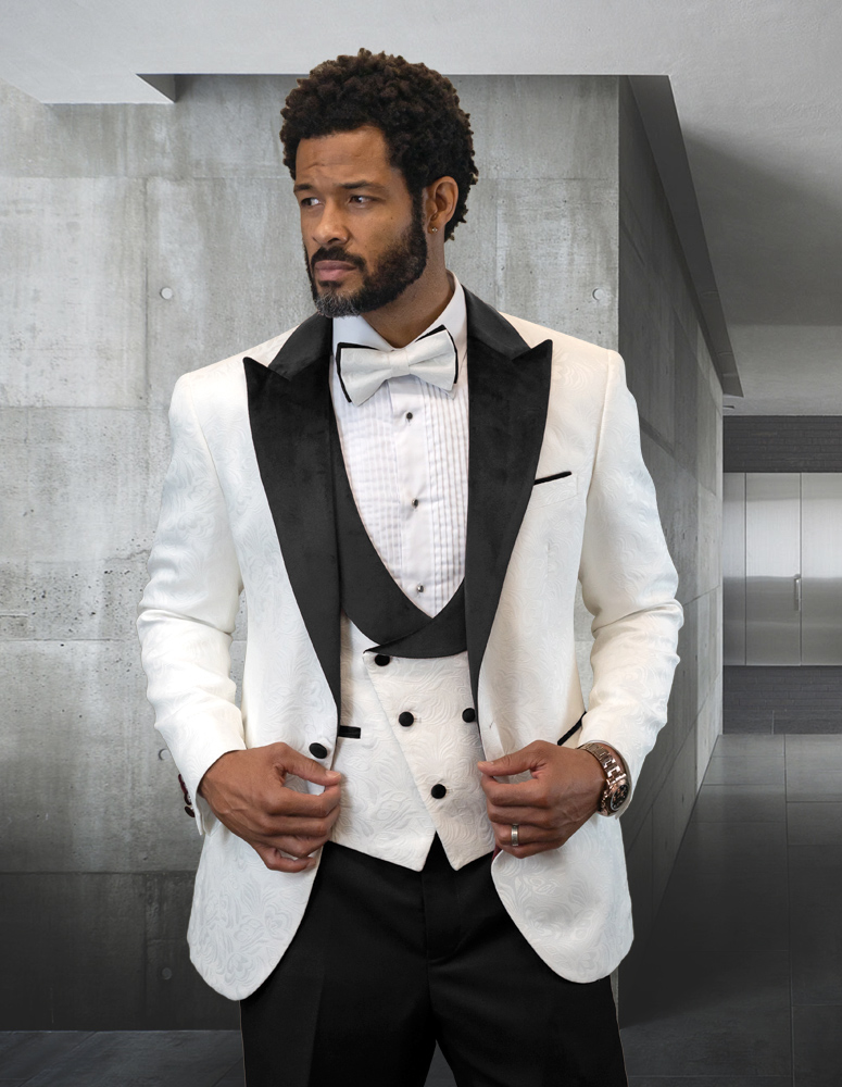 STATEMENT HILTON-WHITE-BLACK 3PC TAILORED FIT 1 BUTTON MENS WHITE TUXEDO WITH BLACK LAPEL SUPER 150'S EXTRA FINE ITALIAN FABRIC INCLUDING BOW TIE