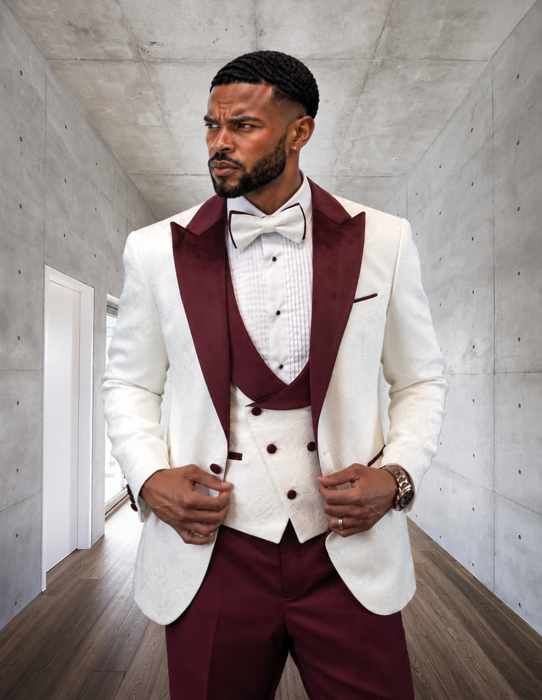 STATEMENT HILTON-WHITE-BURGUNDY 3PC TAILORED FIT 1 BUTTON MENS WHITE TUXEDO WITH BURGUNDY LAPEL SUPER 150'S EXTRA FINE ITALIAN FABRIC  INCLUDING BOW TIE