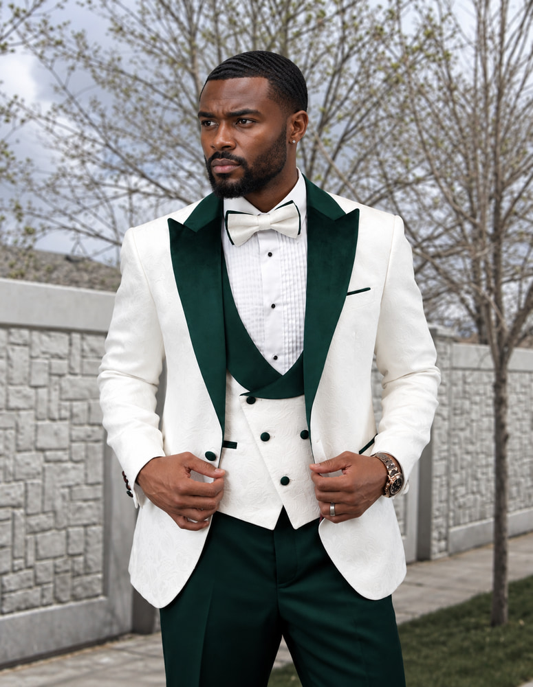 STATEMENT HILTON-WHITE-HUNTER 3PC TAILORED FIT 1 BUTTON MENS WHITE TUXEDO WITH HUNTER LAPEL SUPER 150'S EXTRA FINE ITALIAN FABRIC INCLUDING BOW TIE  