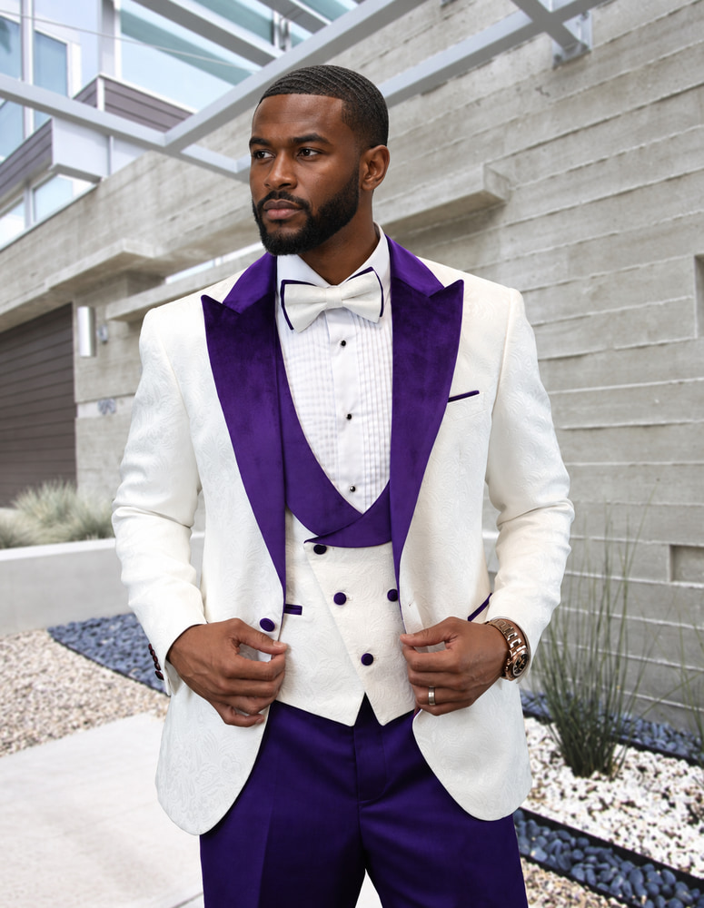 STATEMENT HILTON-WHITE-PURPLE 3PC TAILORED FIT 1 BUTTON MENS WHITE TUXEDO WITH PURPLE LAPEL SUPER 150'S EXTRA FINE ITALIAN FABRIC INCLUDING BOW TIE
