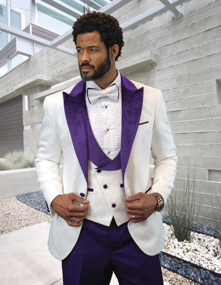 STATEMENT HILTON-WHITE-PURPLE 3PC TAILORED FIT 1 BUTTON MENS WHITE TUXEDO WITH PURPLE LAPEL SUPER 150'S EXTRA FINE ITALIAN FABRIC INCLUDING BOW TIE