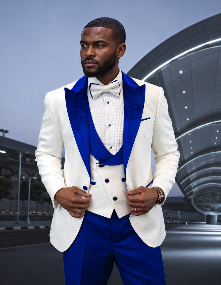 STATEMENT HILTON-WHITE-ROYAL 3PC TAILORED FIT 1 BUTTON MENS WHITE TUXEDO WITH ROYAL LAPEL SUPER 150'S EXTRA FINE ITALIAN FABRIC INCLUDING BOW TIE