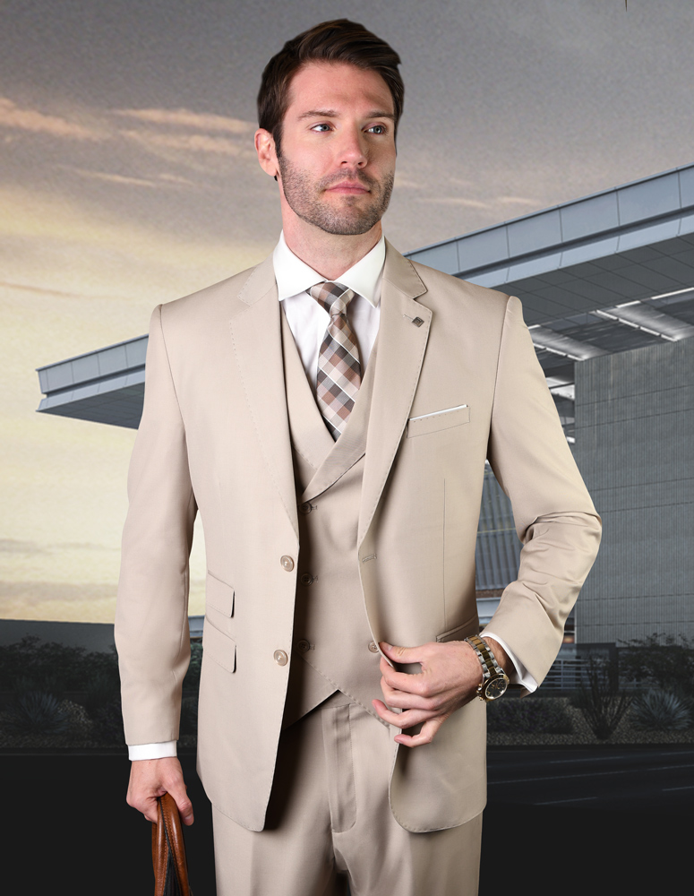 3PC SOLID COLOR TAN TAILORED FIT FLAT FRONT PANTS 2 BUTTON MENS SUIT WITH DOUBLE BREASTED VEST SUPER 150'S EXTRA FINE ITALIAN WOOL   
