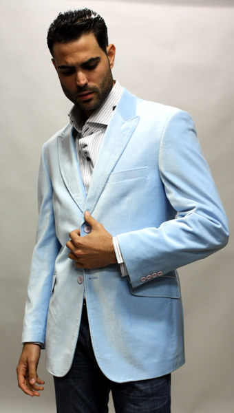 LB-313 SOLID SKY SUPER 150'S VELVET SPORT COAT THIS JACKET IS A WINNER 2 BUTTON WITH BACK VENT. 