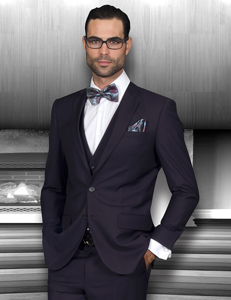 LORENZO EGGPLANT EXTRA SLIM FIT SUPER 150'S 3PC 2 BUTTON WOOL SUIT WITH LOW VEST EXTRA FINE ITALIAN MADE.  