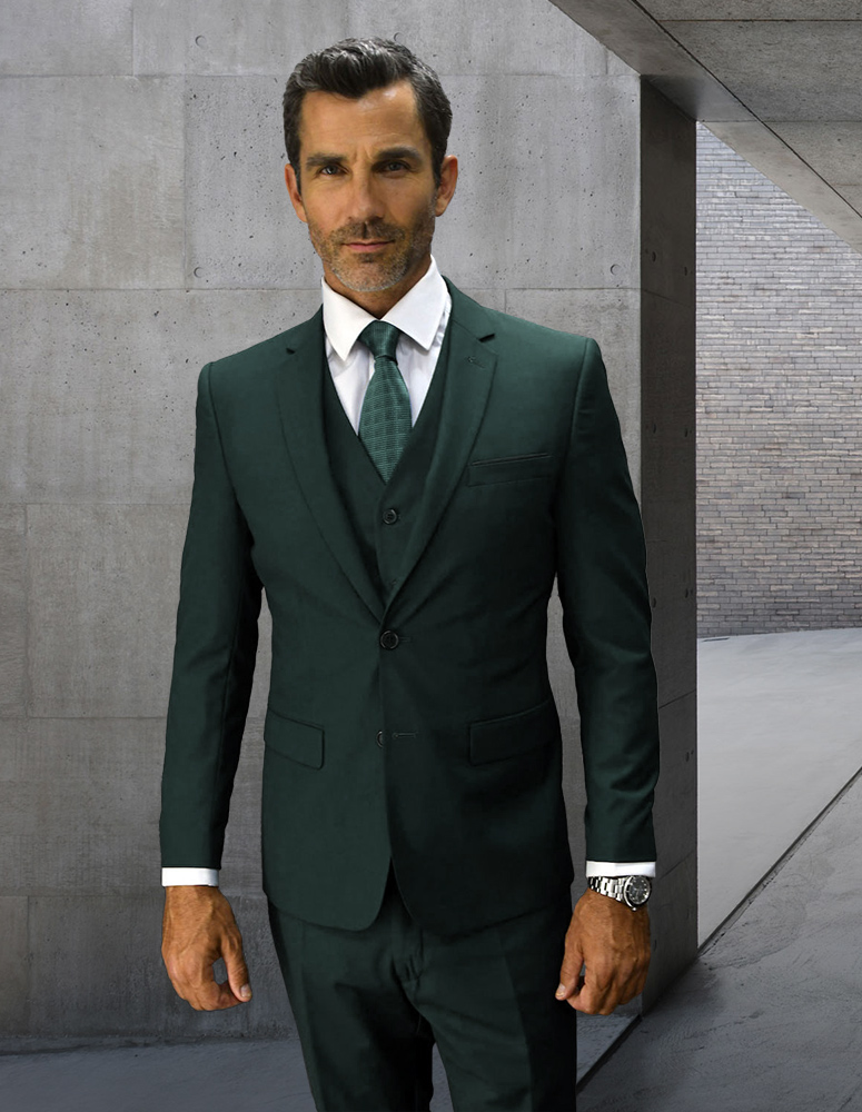 LORENZO HUNTER GREEN EXTRA SLIM FIT SUPER 150'S 3PC 2 BUTTON WOOL SUIT WITH LOW VEST EXTRA FINE ITALIAN MADE.   