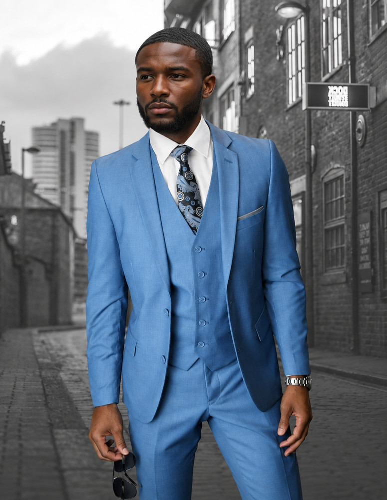 LORENZO STEEL BLUE STATEMENT EXTRA SLIM FIT SUPER 150'S 3PC 2 BUTTON WOOL SUIT WITH LOW VEST EXTRA FINE ITALIAN MADE.   