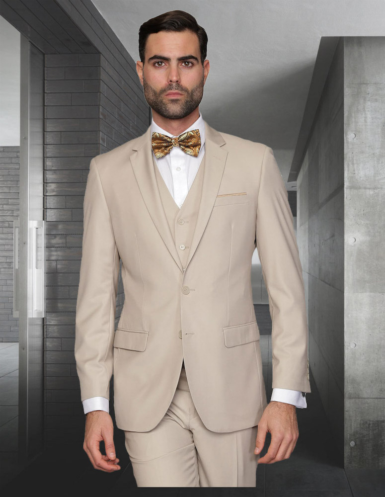 LORENZO TAN EXTRA SLIM FIT SUPER 150 S 3PC 2 BUTTON WOOL SUIT WITH LOW VEST EXTRA FINE ITALIAN MADE. SLIM FIT SUITS ITALSUIT