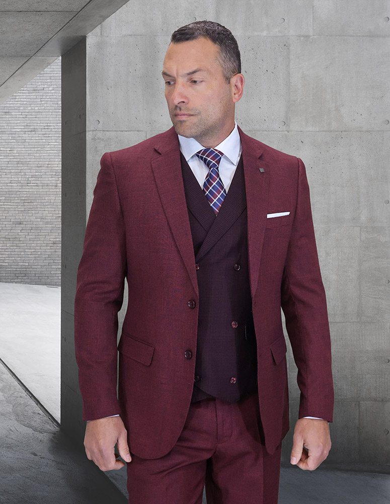 STATEMENT MARCO BURGUNDY 3PC TAILORED FIT 2 BUTTON JACKET WITH DOUBLE BREASTED VEST HAND MADE SUPER 150'S ITALIAN FABRIC   