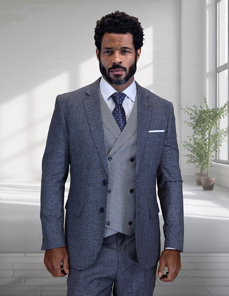 STATEMENT 3PC TAILORED FIT 2 BUTTON JACKET WITH DOUBLE BREASTED VEST HAND MADE SUPER 150'S ITALIAN FABRIC   