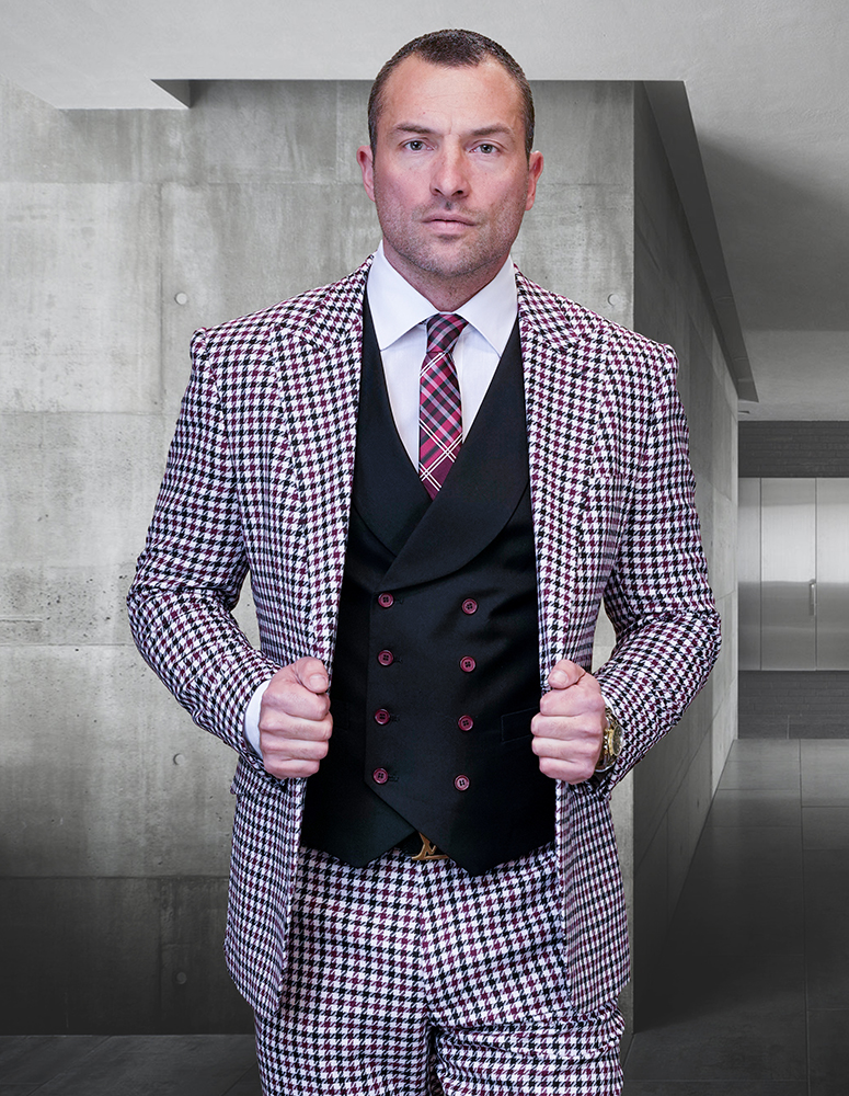 3PC PLAID SUIT WITH SOLID COLOR CONTRAST DOUBLE BREASTED VEST. SUPER 150'S ITALIAN WOOL FABRIC. MODERN FIT FLAT FRONT PANTS 