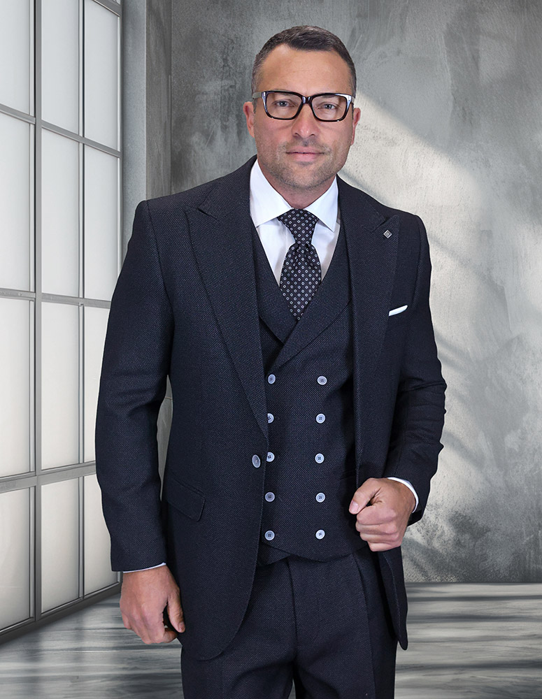 STATEMENT NEIVE BLACK CLASSIC WIDE LEG 3PC 1 BUTTON PLAID SUIT WITH DOUBLE BREASTED VEST SUPER 200'S EXTRA FINE ITALIAN FABRIC 