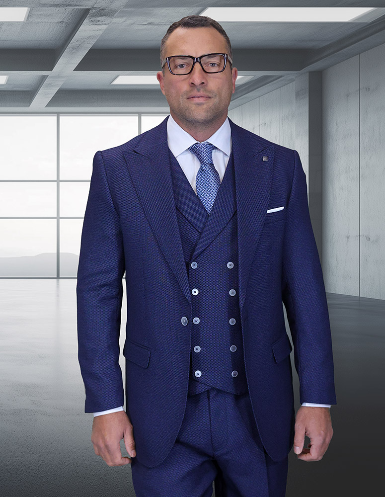 STATEMENT NEIVE-SAPPHIRE CLASSIC WIDE LEG 3PC 1 BUTTON PLAID SUIT WITH DOUBLE BREASTED VEST SUPER 200'S EXTRA FINE ITALIAN FABRIC 