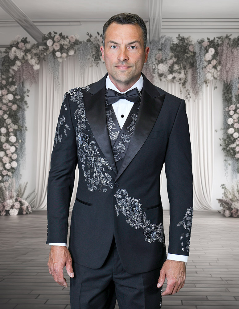 3PC ITALIAN WOOL LUXURY TUXEDO WITH BLACK STONES. MODERN FIT FLAT FRONT PANTS