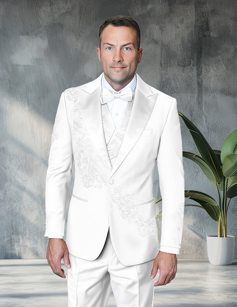 3PC ITALIAN WOOL LUXURY TUXEDO WITH WHITE STONES. MODERN FIT FLAT FRONT PANTS 