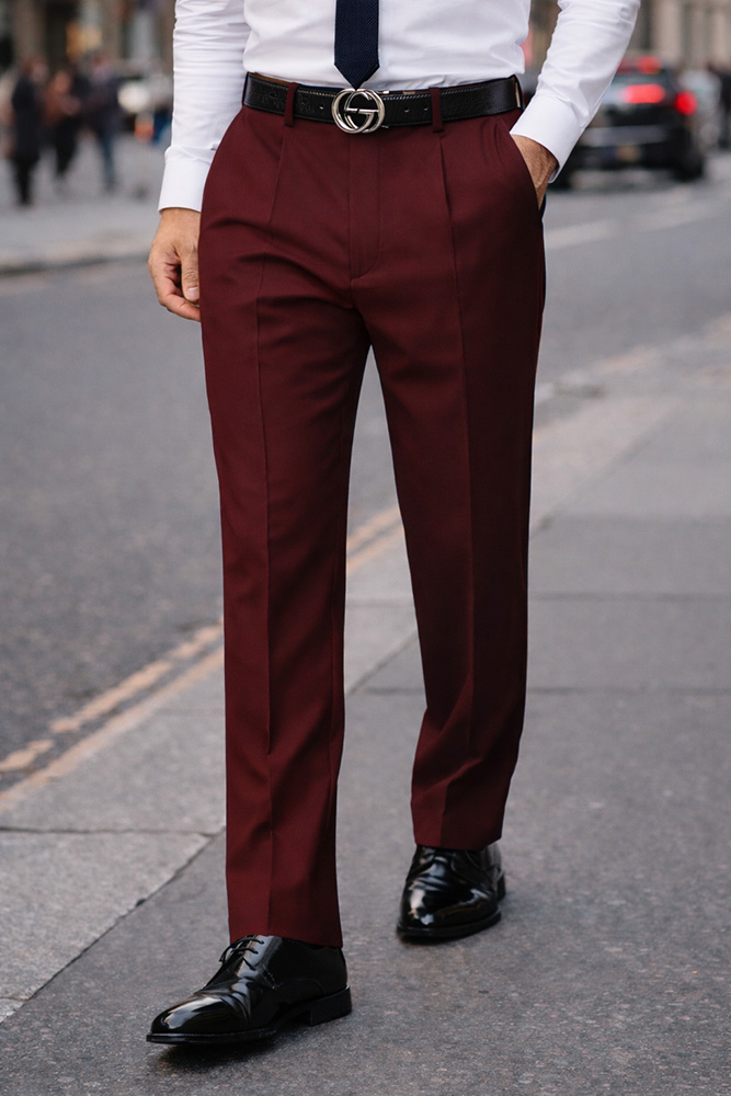 BURGUNDY PLEATED DRESS PANTS REGULAR FIT SUPER 150'S ITALIAN WOOL FABRIC 