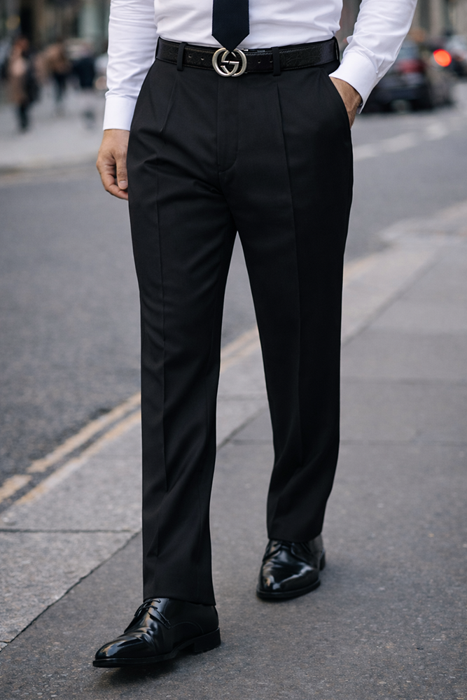 BLACK PLEATED DRESS PANTS REGULAR FIT SUPER 150'S ITALIAN WOOL FABRIC 