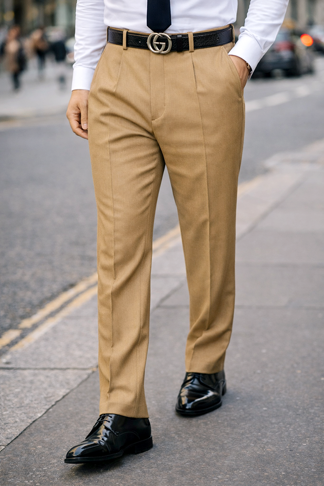 CAMEL PLEATED DRESS PANTS REGULAR FIT SUPER 150'S ITALIAN WOOL FABRIC  