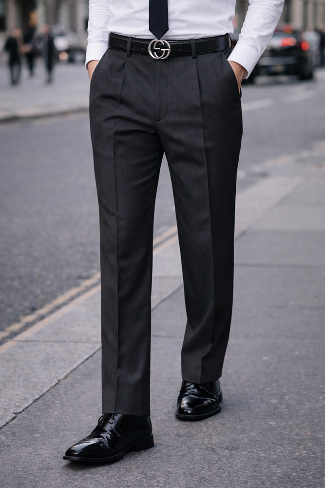 HEATHER CHARCOAL PLEATED DRESS PANTS REGULAR FIT SUPER 150'S ITALIAN WOOL FABRIC 