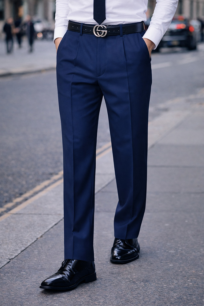 INDIGO PLEATED DRESS PANTS REGULAR FIT SUPER 150'S ITALIAN WOOL FABRIC 