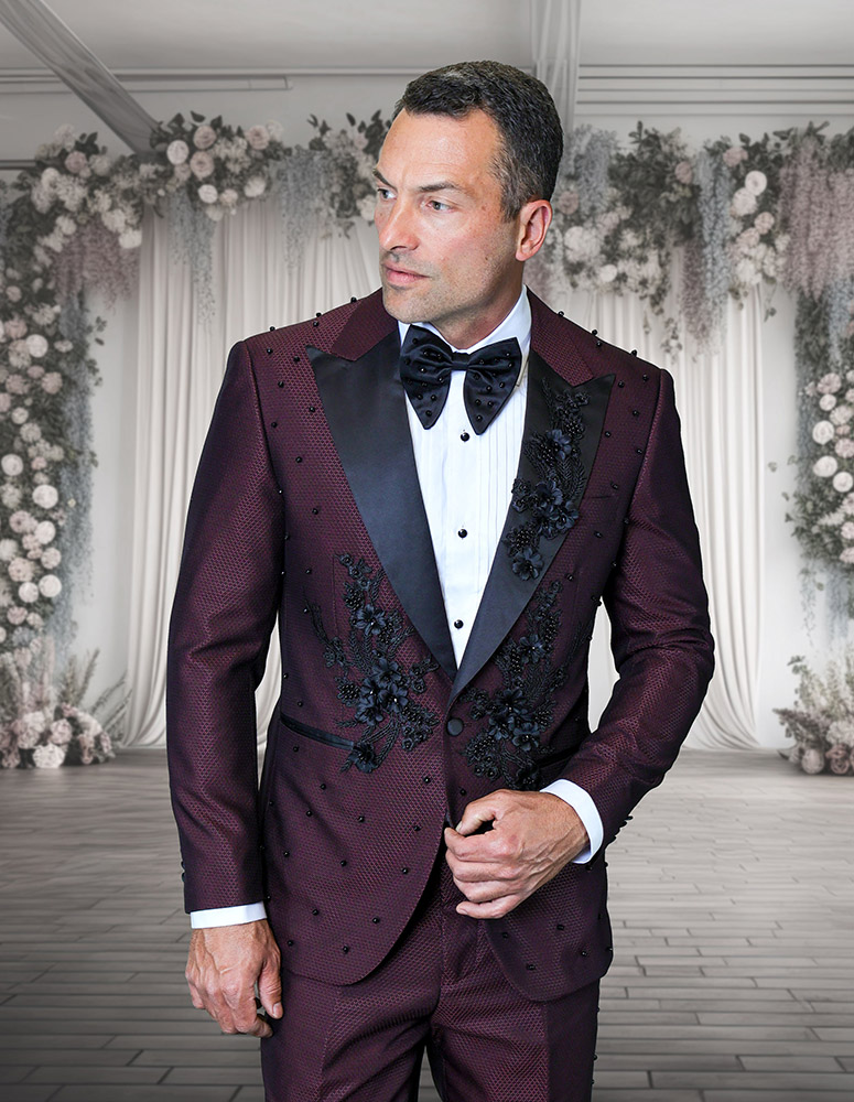2PC ITALIAN WOOL LUXURY TUXEDO WITH BLACK STONES. MODERN FIT FLAT FRONT PANTS 