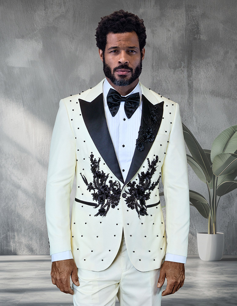 2PC ITALIAN WOOL LUXURY TUXEDO WITH BLACK STONES. MODERN FIT FLAT FRONT PANTS