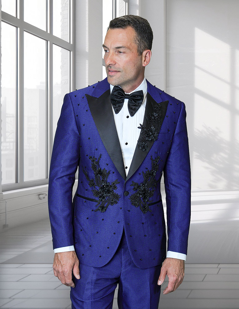 2PC ITALIAN WOOL LUXURY TUXEDO WITH BLACK STONES. MODERN FIT FLAT FRONT PANTS 