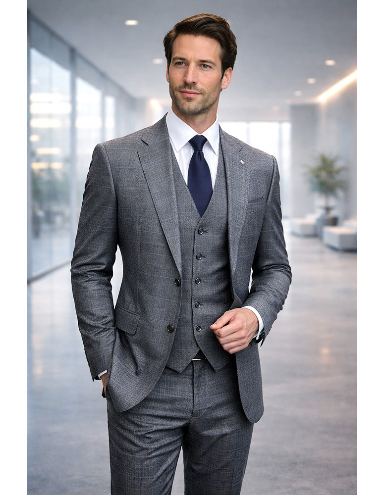  STATEMENT 3PC PLAID SUIT SUPER 200'S ITALIAN WOOL. MODERN FIT FLAT FRONT PANTS 