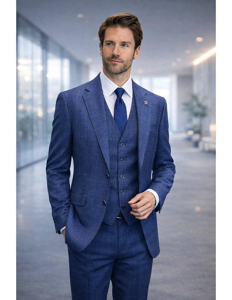  STATEMENT 3PC PLAID SUIT SUPER 200'S ITALIAN WOOL. MODERN FIT FLAT FRONT PANTS