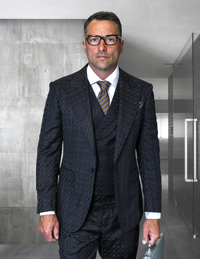 3PC STATEMENT CONFIDENCE SUPER 200'S ITALIAN WOOL SUIT. MODERN FIT. FLAT FRONT PANTS 