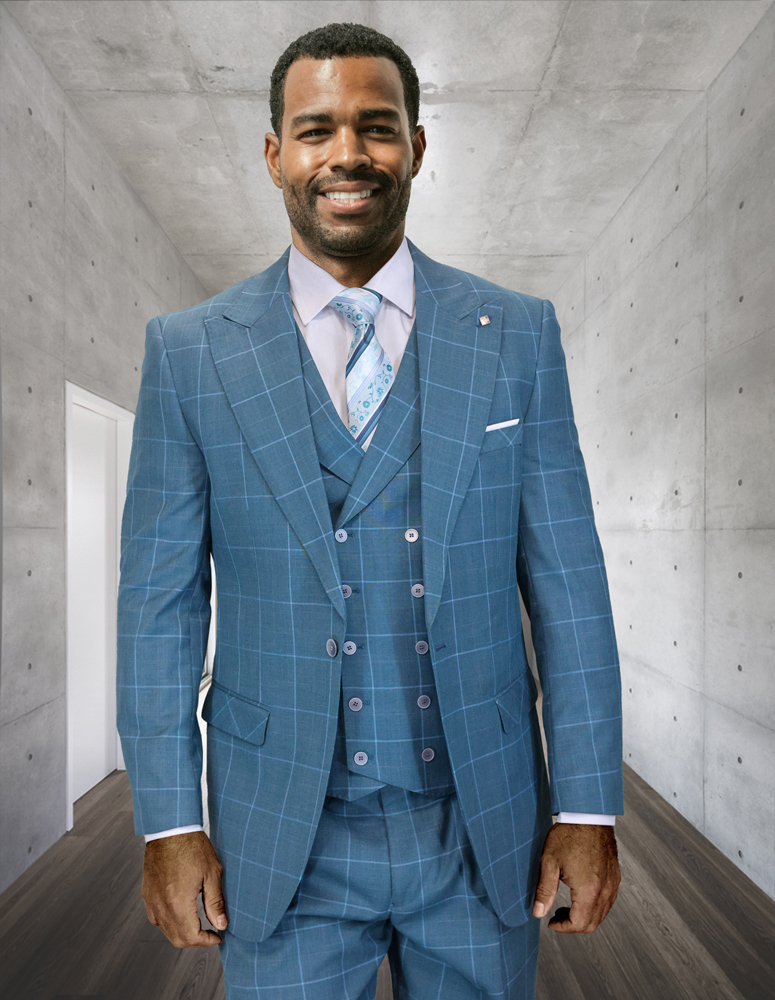 STATEMENT RIGATO-JADE CLASSIC WIDE LEG 3PC 1 BUTTON PLAID SUIT WITH DOUBLE BREASTED VEST SUPER 200'S EXTRA FINE ITALIAN FABRIC 