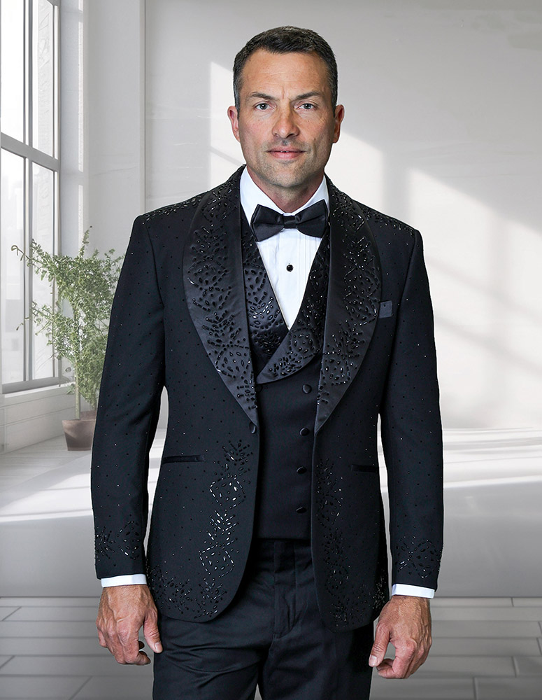 3PC ITALIAN WOOL LUXURY TUXEDO WITH BLACK STONES. MODERN FIT FLAT FRONT PANTS
