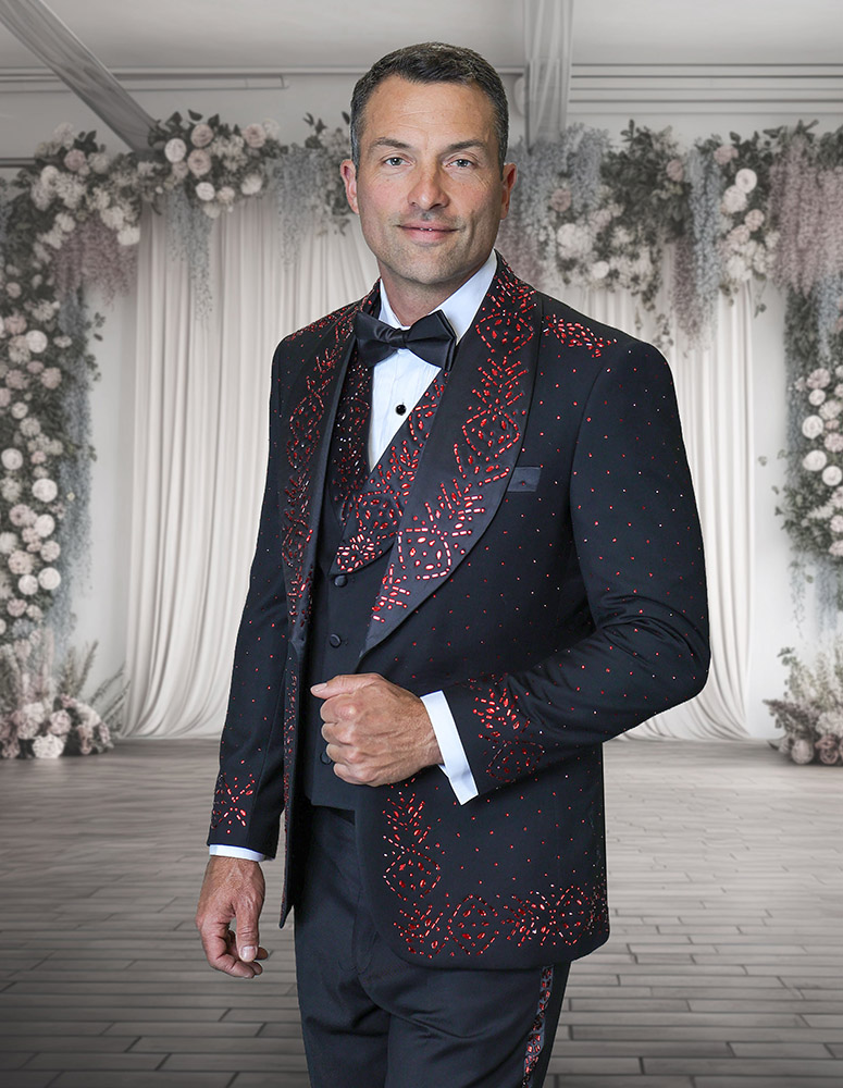3PC ITALIAN WOOL LUXURY TUXEDO WITH RED STONES. MODERN FIT FLAT FRONT PANTS 