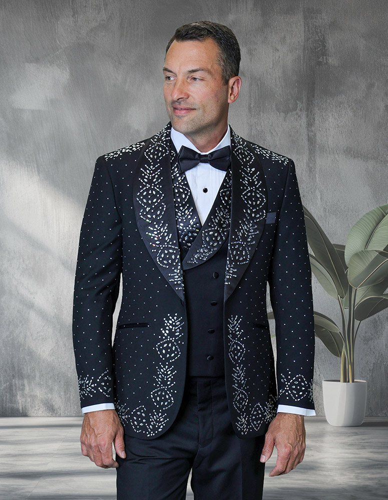 3PC ITALIAN WOOL LUXURY TUXEDO WITH WHITE STONES. MODERN FIT FLAT FRONT PANTS